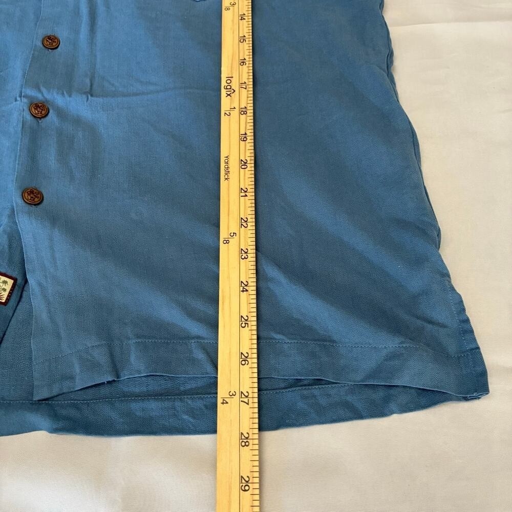 Seven Palm Button Shirt Men's Cobalt Blue 100% Silk Large Wood Button Casual - Picture 6 of 10